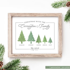 May include: A framed print with a light wood frame. The print features watercolor green Christmas trees of varying sizes, with family names beneath each tree. The text reads "Christmas with the Carrington Family" and "Est. 2013."