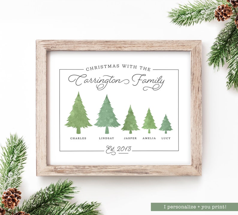 May include: A framed print with a light wood frame. The print features watercolor green Christmas trees of varying sizes, with family names beneath each tree. The text reads "Christmas with the Carrington Family" and "Est. 2013."