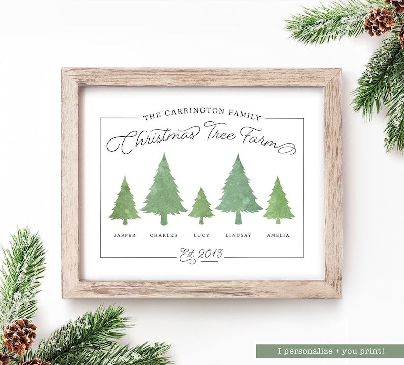 May include: A framed print with a light wood grain frame. The print features a watercolor design of five green Christmas trees. The text reads "The Carrington Family Christmas Tree Farm Est. 2013" with names below the trees.