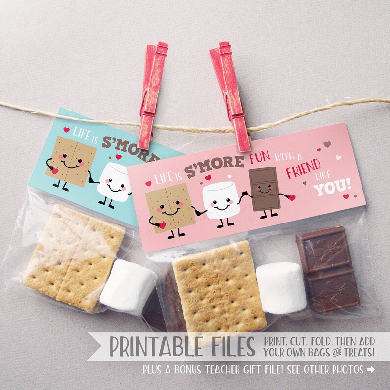 Valentine Treat Bag Toppers PRINTABLE Smores Valentine Cards for Kids Valentines Smores Printable Valentines Kids Treat Tags, Instant DIY 