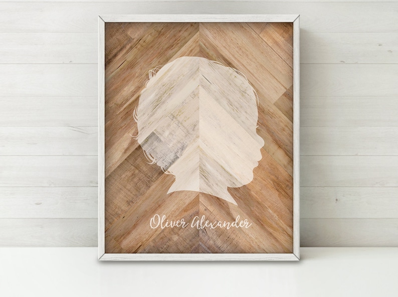 CUSTOM Silhouette PRINTABLE Art, Faux Wood Silhouette Nursery Art, Wood Chevron Art, Personalized Mother's Day Gift for Mom Gift, Dad Gift image 2