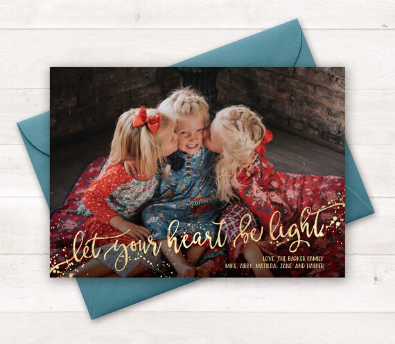 Photo Christmas Card, Let Your Heart Be Light, Printable Holiday Card, Photo Holiday Card, Gold Christmas Card, Merry Little Christmas, Xmas Il_570xn