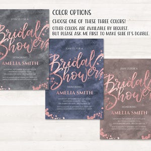 May include: Three printable bridal shower invitations with a watercolor background and rose gold text. The invitations feature the text "Join us for a Bridal Shower" and the name "Amelia Smith".