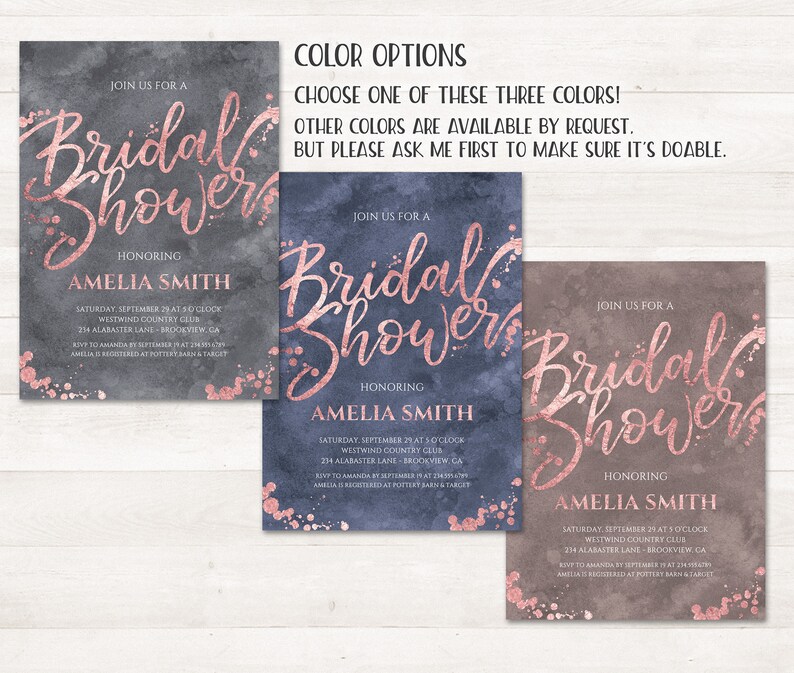 May include: Three printable bridal shower invitations with a watercolor background and rose gold text. The invitations feature the text "Join us for a Bridal Shower" and the name "Amelia Smith".