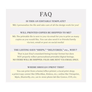 May include: FAQ about printable digital files. The text explains that the files are not shipped, but are sent via email. The text also explains that the files are customizable and can be printed at home, at a local print shop, or at a photo lab.