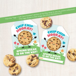 May include: Two printable gift tags featuring a cartoon chocolate chip cookie with the text "Chip Chip Hooray! Spring Break is on the way!"  The tags are on a light blue background with pink and yellow flowers.