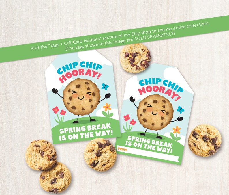 May include: Two printable gift tags featuring a cartoon chocolate chip cookie with the text "Chip Chip Hooray! Spring Break is on the way!"  The tags are on a light blue background with pink and yellow flowers.