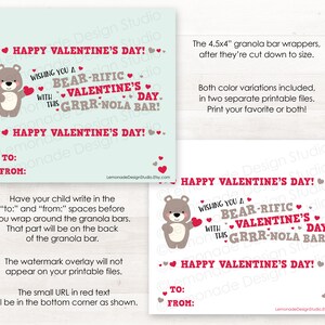 PRINTABLE Classroom Valentine's Kids, Bear Valentine Cards for Kids Valentines for Kids Granola Bar Wrappers, Printable Valentine Treat Tags image 2