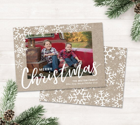 Printable Christmas Card with Photo Christmas Cards Merry Christmas Photo Holiday Cards, Kraft Paper Snowflake Xmas Card Photo Card Template Il_570xn