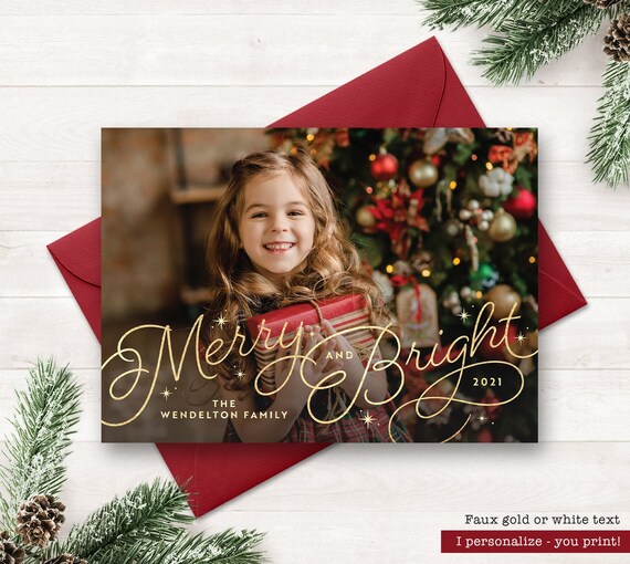 Personalized Photo Christmas Card Holiday Card with Photo Faux Gold Merry and Bright Photo Holiday Card Xmas Card Printable Greeting Cards Il_570xn