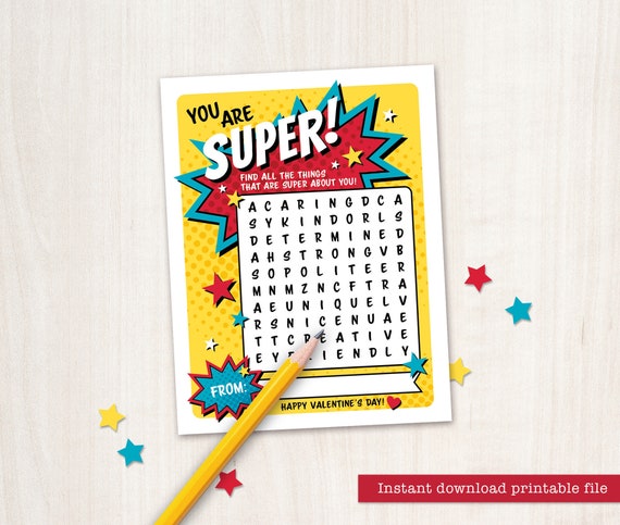 PRINTABLE Valentine Card for Kids Valentine Word Search Classroom Valentine Printable Valentines Day Superhero Valentine Download DIY School Il_570xn
