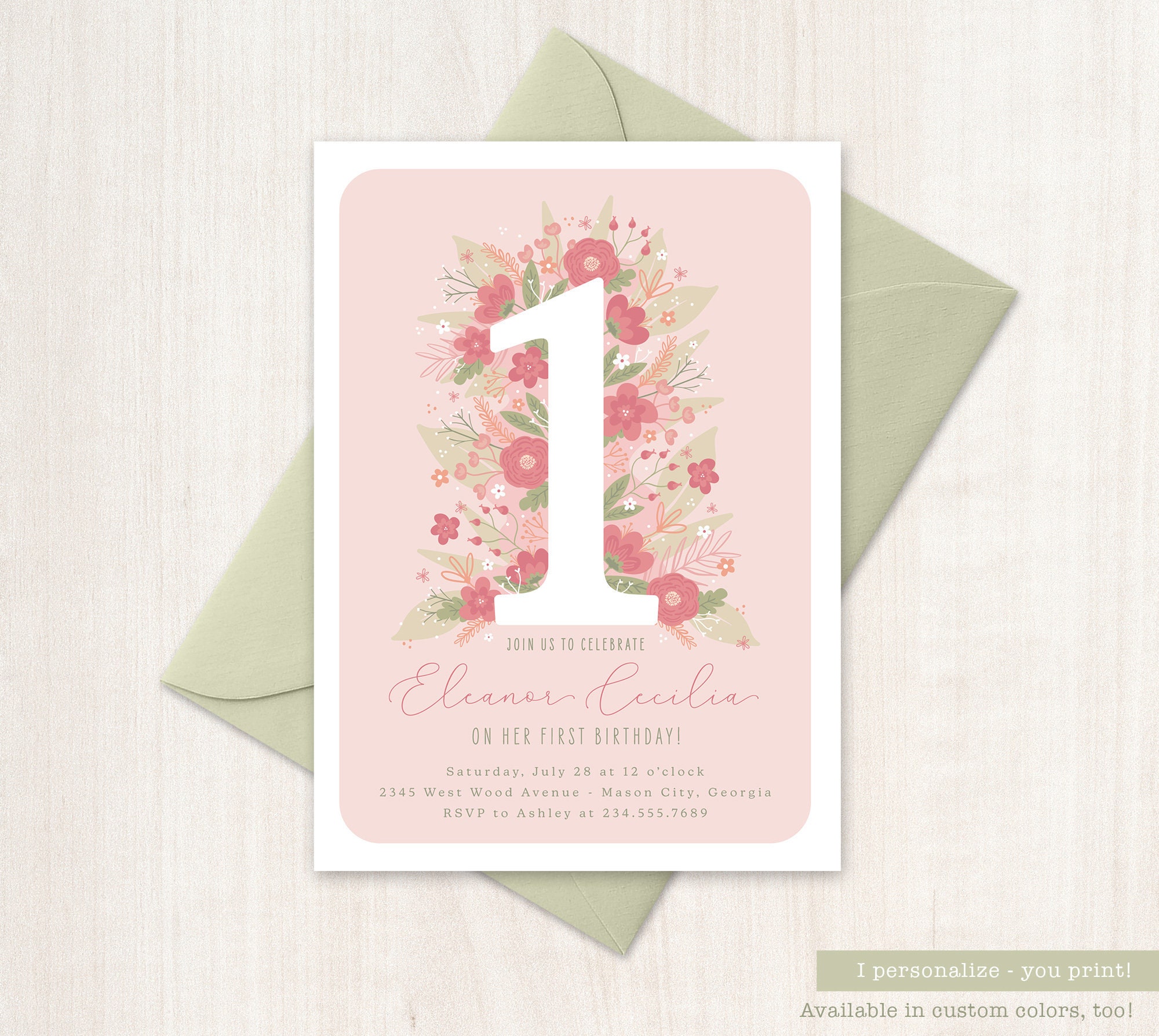 printable pink first birthday invitation girl birthday invite etsy