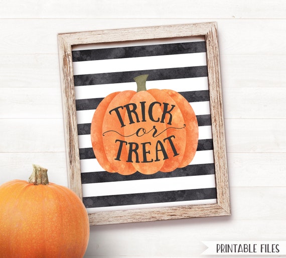 Halloween Decor Trick or Treat Sign, PRINTABLE Halloween Sign Halloween Decorations Farmhouse Fall Decor Stripe Pumpkin Sign Autumn Wall Art Il_570xn