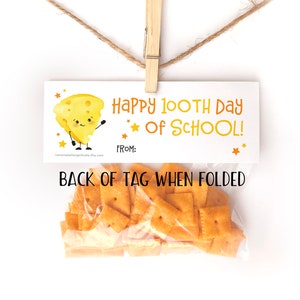 Printable 100th Day of School Tags for Students Snack Back Topper Classroom Happy 100 Days of School Treat Cheese Snack Goldfish 100 Snacks image 2