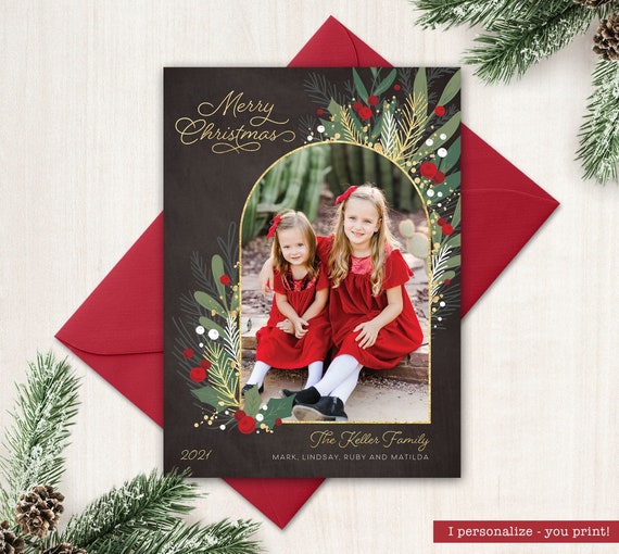 Printable Photo Christmas Card Gold Photo Holiday Card Printable Photo Christmas Cards Chalkboard Greenery Double Sided Personalized 2021 Il_570xn