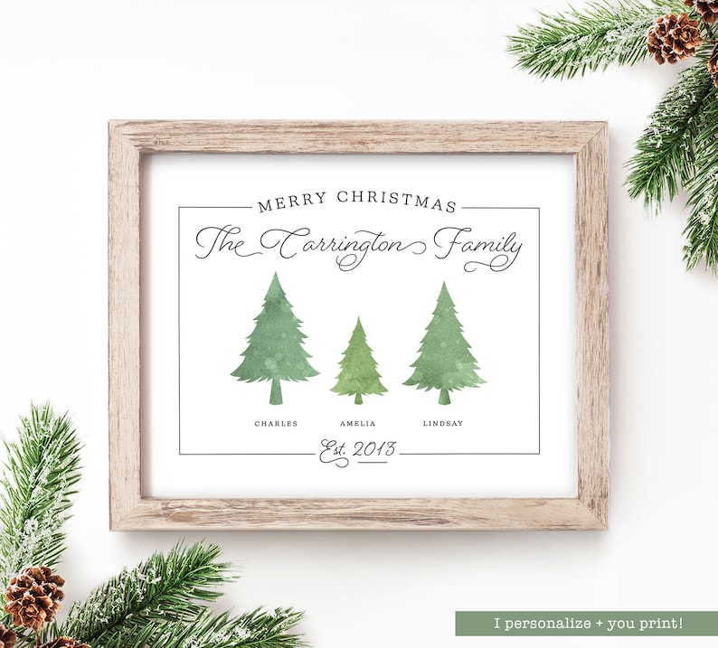 May include: A framed print with a light wood frame. The print features three green watercolor Christmas trees with family names below. The text reads "Merry Christmas, The Carrington Family, Est. 2013."