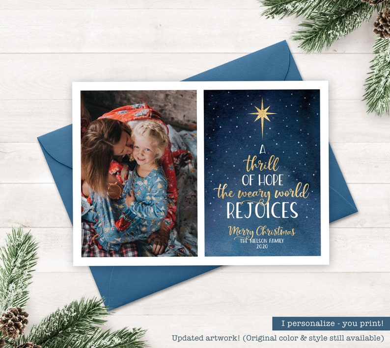 Religious Holiday Card, Christian Christmas Cards, Watercolor Christmas Thrill of Hope, Scripture Card, Printable Photo Christmas Cards Xmas image 1