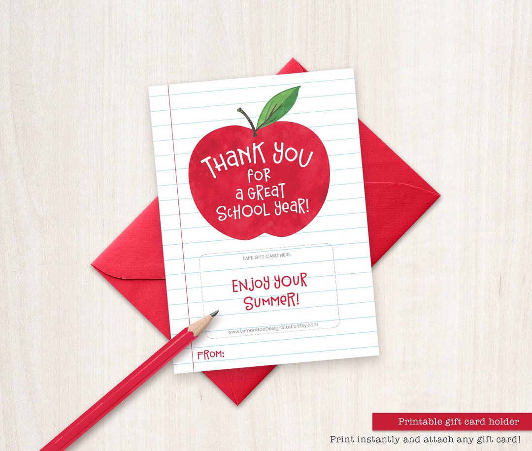 End of Year Teacher Appreciation Gift PRINTABLE Gift Card Holder Thank ...