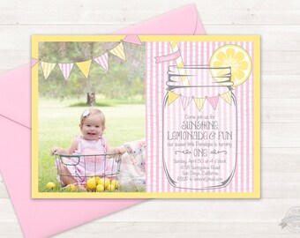 Lemonade Birthday Invitation Kids, Girls First Birthday Lemonade Invite, Seersucker Invitation, Mason Jar Lemonade Stand, Lemonade Party DIY