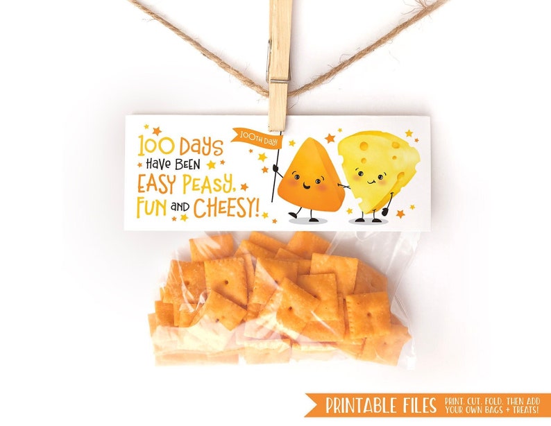 Printable 100th Day of School Tags for Students Snack Back Topper Classroom Happy 100 Days of School Treat Cheese Snack Goldfish 100 Snacks image 1
