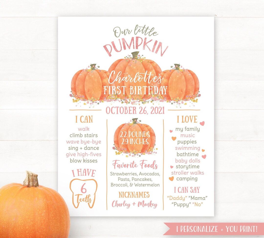 Printable Little Pumpkin First Birthday Milestone Board PRINTABLE Milestone Pumpkin Pink Girl ...