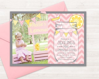 Pink Lemonade Stand Invitation, Birthday Invitation Kids, Mason Jar Chevron Lemonade Invite, Lemonade Photo Invitation, Girls Pink Invite