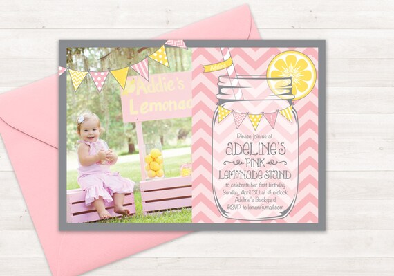 Pink Lemonade Stand Invitation, Birthday Invitation Kids, Mason Jar Chevron Lemonade Invite, Lemonade Photo Invitation, Girls Pink Invite Il_570xn