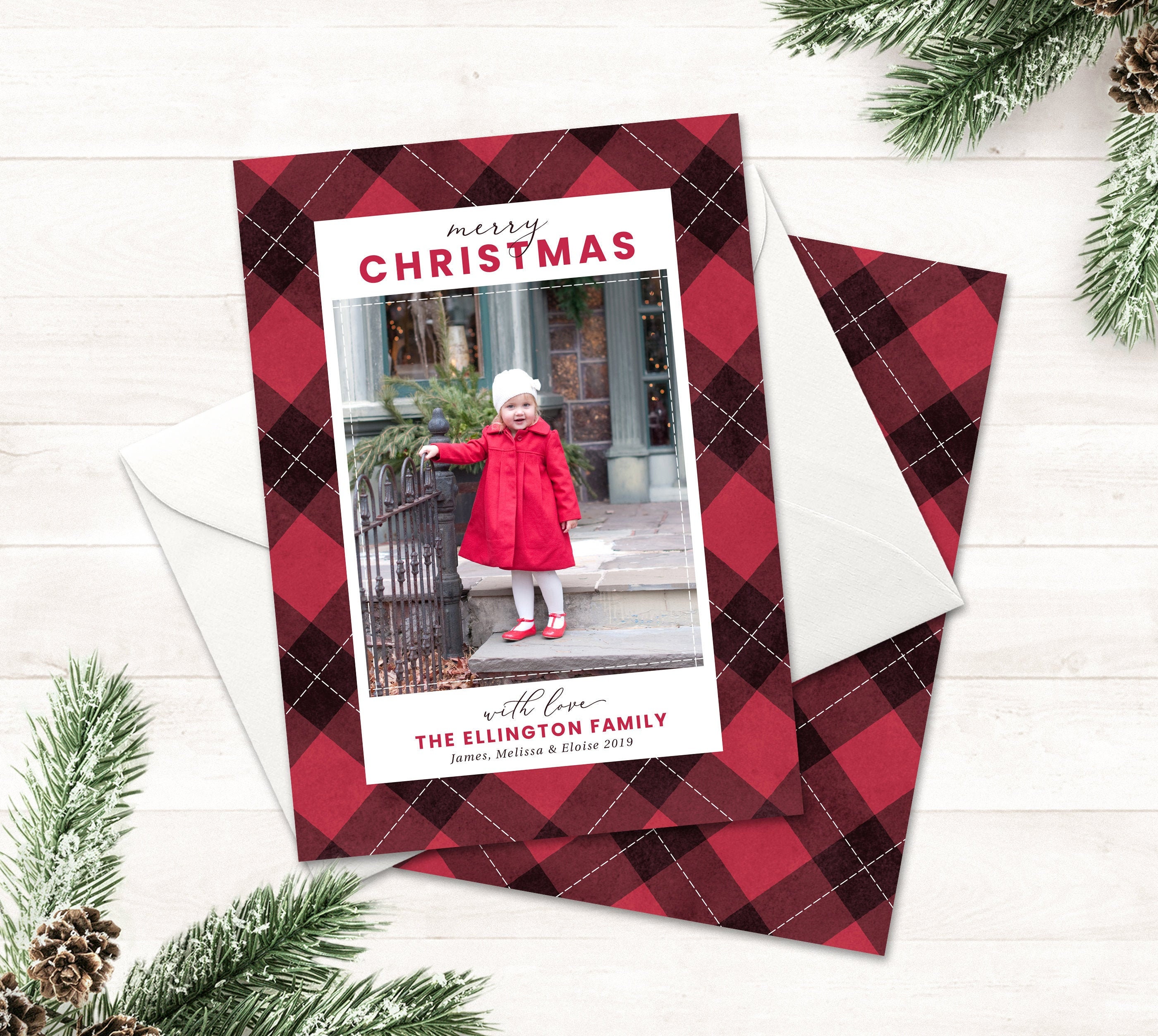 Self Editable Christmas Card Printable Christmas Photo Cards Instant Download Buffalo Plaid Christmas Photo Card Holiday Photo Card