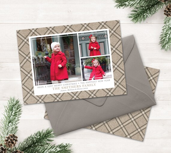 Photo Holiday Cards Printable Photo Collage Christmas Card, Plaid Christmas Cards with Photo, Neutral Christmas Card, Christmas Kraft Paper Il_570xn