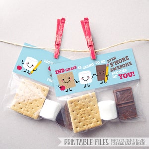 May include: Printable tags with a blue background and cartoon images of a graham cracker, marshmallow, and chocolate bar. The text on the tag reads "2nd Grade is going to be even S'more Awesome because of you!"