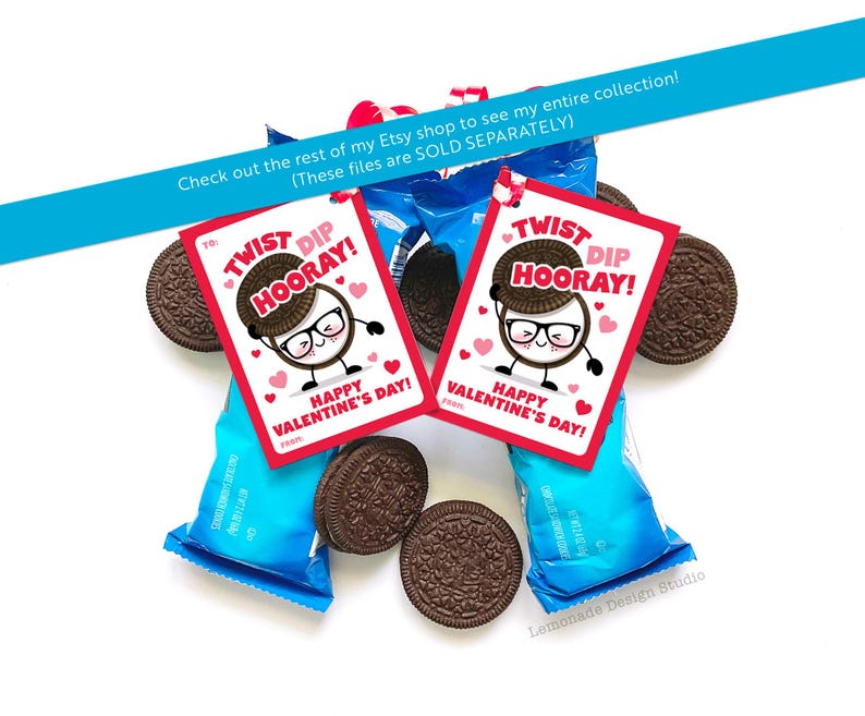 May include: Two printable Valentine's Day cards featuring a cartoon character with the text "Twist Dip Hooray!" and "Happy Valentine's Day!"