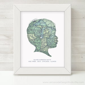 CUSTOM Silhouette, Map Wall Art, Personalized Childrens Silhouette, Map, Unique Gift, Grandparent Gift, Child Silhouette, Nursery Art Print image 2