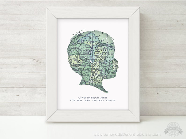 CUSTOM Silhouette, Map Wall Art, Personalized Childrens Silhouette, Map, Unique Gift, Grandparent Gift, Child Silhouette, Nursery Art Print image 2