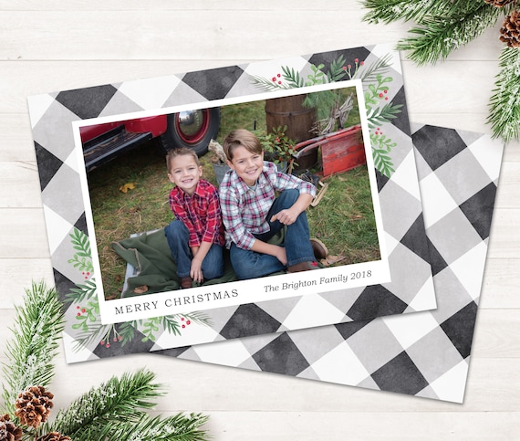 Photo Holiday Cards Watercolor Buffalo Check Christmas Cards with Photo Christmas Card Printable Buffalo Plaid Christmas Farmhouse Christmas Il_570xn