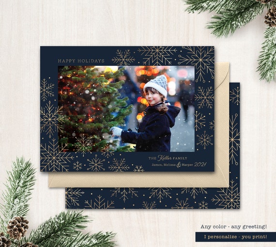 Faux Gold Foil Christmas Card Printable Photo Holiday Cards Printable Christmas Card with photo Snowflake Personalized 2021 Snow Navy Backer Il_570xn