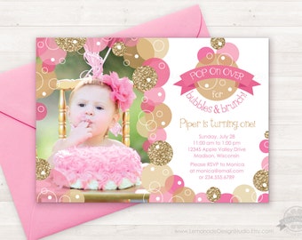 Pink Gold Bubble Invitation, Glitter Bubbles Brunch Invitation, Pop on Over, First Birthday Invitation Kids, Girls Bubble Party Invitations