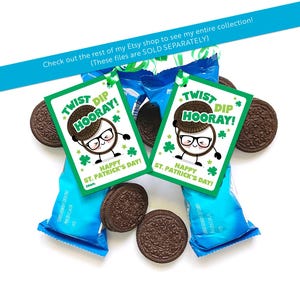 May include: Two printable gift tags with a green, white, and black design. The tags feature a cartoon character with a twisty dip and the text "Twist Dip Hooray! Happy St. Patrick's Day!"