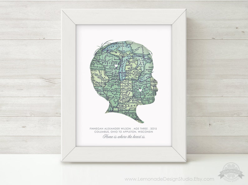 CUSTOM Silhouette, Map Wall Art, Personalized Childrens Silhouette, Map, Unique Gift, Grandparent Gift, Child Silhouette, Nursery Art Print image 6
