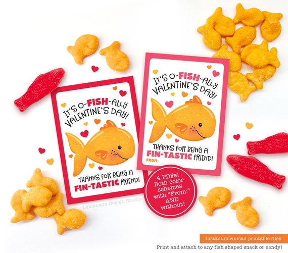 Printable Valentine Tag for Kids Fish Crackers Gummy Fish Goldfish Valentine  Cards Classroom School Students Teacher Classmate Snack Treats 