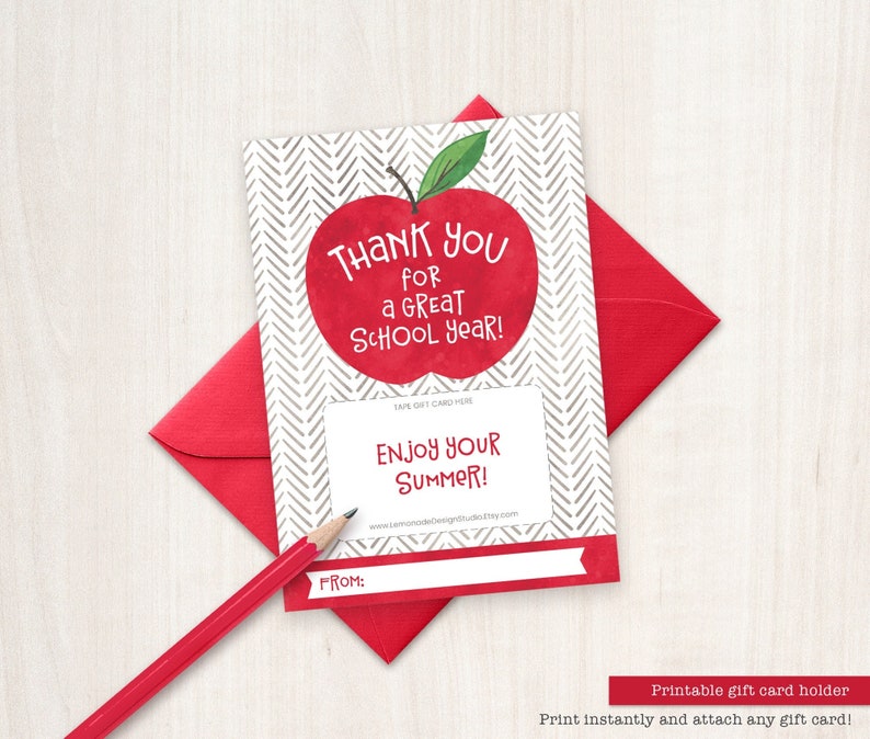 End of Year Teacher Gift PRINTABLE Gift Card Holder Teacher Thank You Card Last Day of School, from Student PTO PTA Apple Gas Target Summer image 1