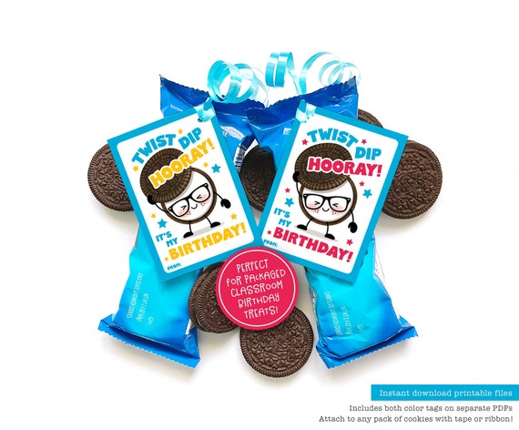 Printable Cookie Birthday Treat Tag Classroom Treat Bag Tag Chocolate Sandwich Cookie Snack School Party Students Kid Birthday Party Favors