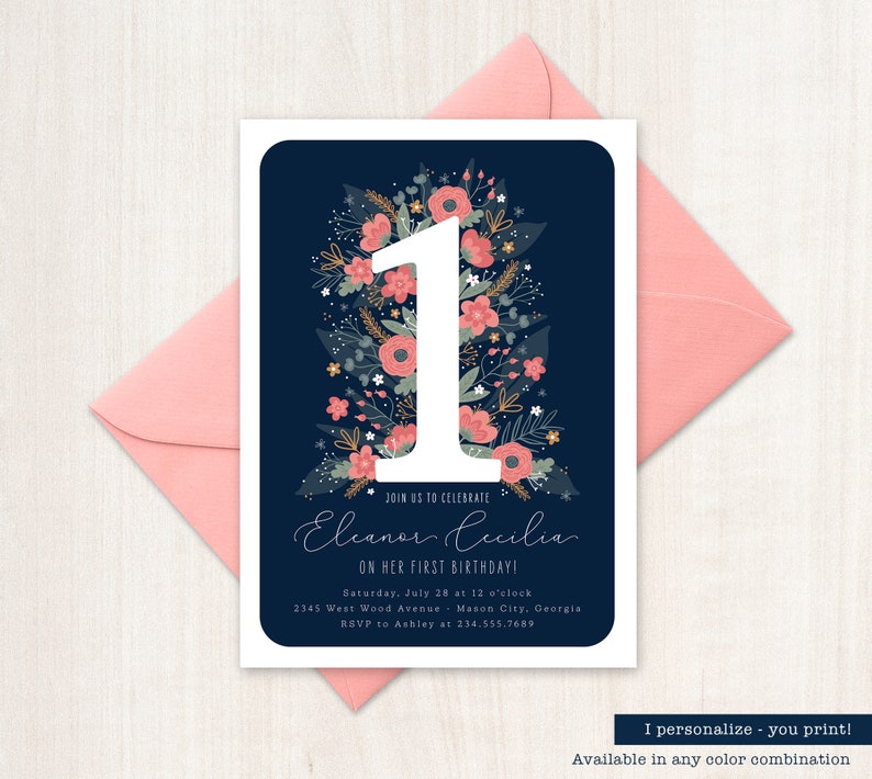 Printable First Birthday Invitation Girl Birthday Invite Pink Etsy