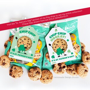 May include: Two printable gift tags featuring a cartoon chip cookie with a happy face holding a shamrock. The tags are green and white with the text "Chip Chip Hooray! It's St. Patrick's Day!"