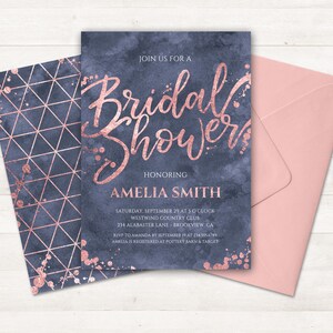 May include: A blue and rose gold bridal shower invitation with a watercolor background and geometric pattern. The invitation reads "Join us for a Bridal Shower Honoring Amelia Smith" and includes the date, time, location, and RSVP information.