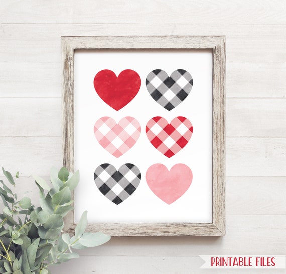 Printable Buffalo Check Watercolor Hearts Valentines Day Decor Valentine Decor Farmhouse Buffalo Plaid Valentine Decorations Wall Art Pink By Lemonade Design Studio Catch My Party