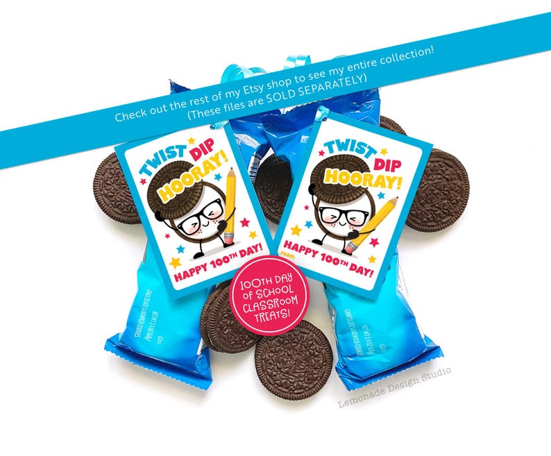 May include: Two printable gift tags with a cartoon character wearing glasses and a pencil. The tags are blue, pink, yellow, and white with the text "Twist Dip Hooray! Happy 100th Day!" and "100th Day of School Classroom Treats!"