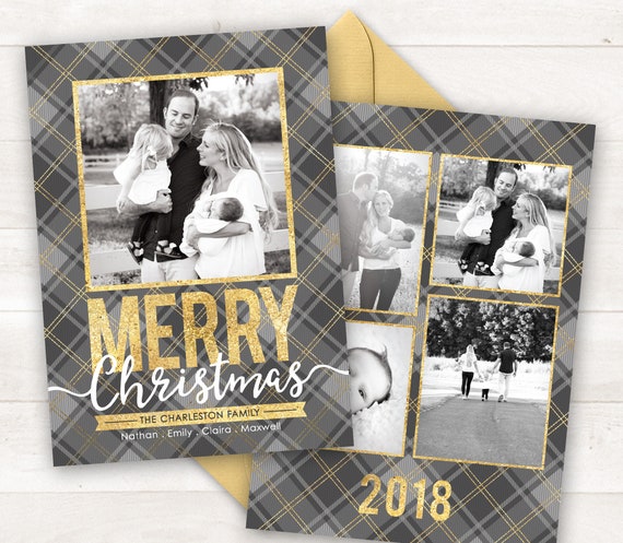 Photo Christmas Cards, Printable Holiday Card, Grey Plaid Christmas Card, Printable Christmas Card Photo Holiday, Grey Christmas, Grey Gold Il_570xn