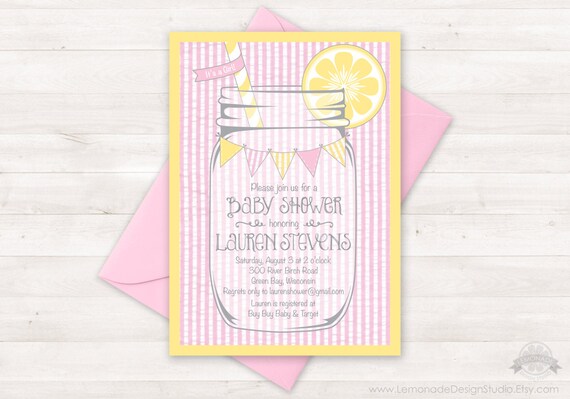Lemonade Seersucker Invitation, Printable Baby Shower Invitation, Lemonade Invitation, Mason Jar Bridal Shower, Pink Lemonade Stand Birthday Il_570xn