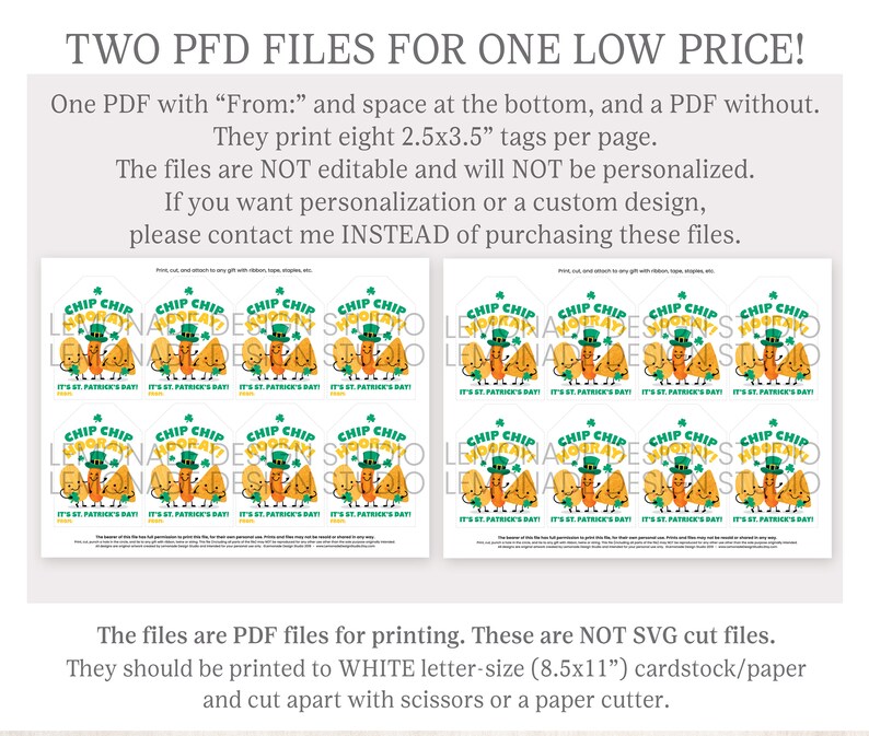 May include: Two printable PDF files featuring eight 2.5x3.5 inch tags with a cartoon illustration of chip bags and a carrot dressed as a leprechaun. The text on the tags reads "Chip Chip Hooray! It's St. Patrick's Day!"