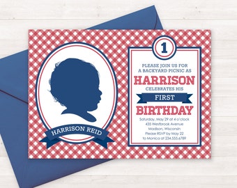 Picnic Birthday Invitation Kids, Custom Silhouette Invite AND Poster, First Birthday Invitation, Red White and Blue Invitation, Gingham, Boy